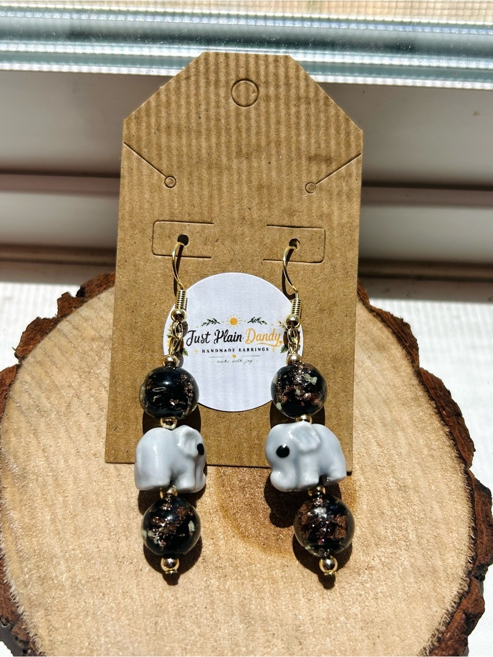 White Elephant Dangle Earrings Black Glitter Beads Gold Tone Boho Jewelry